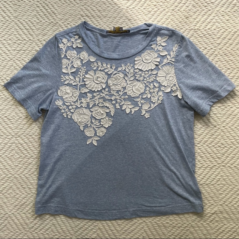 Anthropologie Blue Floral Appliqué Top